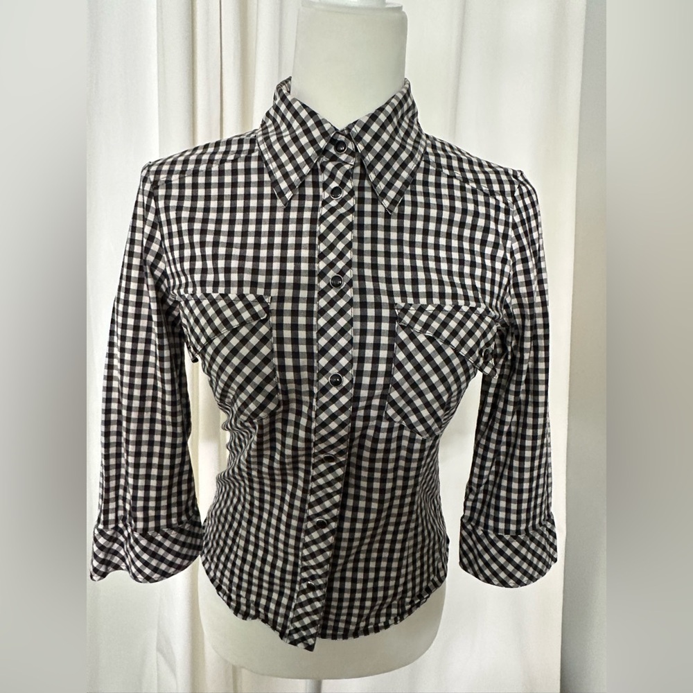 H&M Black and White Gingham Check Button-Up Shirt Western Shirt S-M 3/4 Sleeve